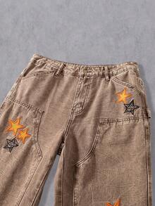 Manfinity EMRG Quần jeans ống rộng thêu dáng rộng, phong cách đường phố Mỹ - màu nâu - Xem 6