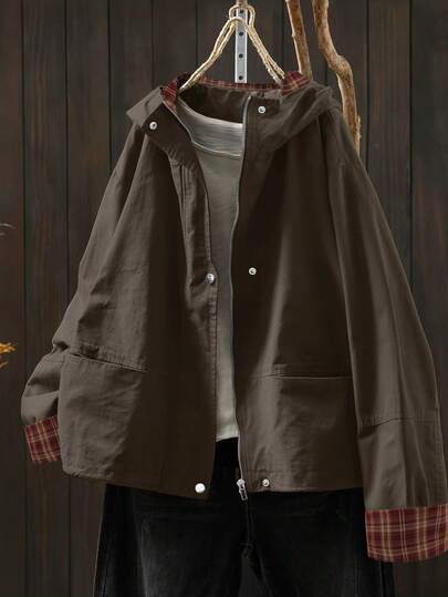 SHEIN LUNE 大码女式纯色长袖宽松连帽休闲外套