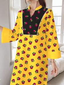 SHEIN Najma Women's Floral & Plant Print Colorblock V-Neck Long Sleeve Elegant Arabic Style Dress, Suitable For Spring And Autumn