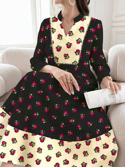 SHEIN Najma Women's Floral & Plant Print Color Block V-Neck Long Sleeve Elegant Arabic Style Maxi Dress, Suitable For Spring And Autumn