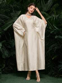 Al Najma Women's Spring/Summer Woven Leopard Print Jacquard Rhinestone Collar Tie Elegant Turkish Maxi Dress & Arabic Traditional Abaya - Apricot - View 3