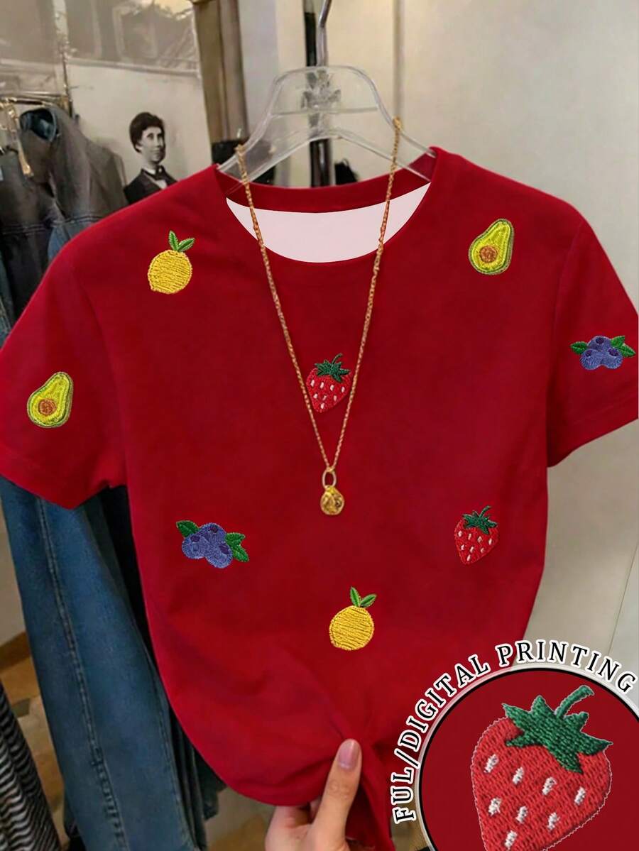 Resyla Women's Strawberry Embroidery Round Neck Short Sleeve Casual Versatile T-Shirt - Multicolor - View 1