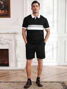 Core Aspect Męski, swobodny, patchworkowy zestaw polo, dzianina szydełkowa, czarny męski zestaw polo, patchworkowy, kontrastowy zestaw polo, 2 elementy, swobodny zestaw. Idealny prezent dla męża, chłopaka lub przyjaciela. - Wielokolorowe - Zobacz 4