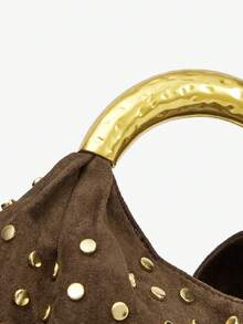 Maija 女士手提包，麂皮材质，复古铆钉设计，金色金属手柄，时尚优雅，简约百搭，可定制，经典百搭，适合通勤、办公、约会、日常、购物、下午茶等场合。 - 咖啡 - 查看 6