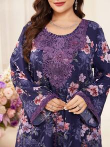 Al Najma 休闲印花蕾丝边长袖土耳其长袍/阿拉伯传统连衣裙，尺码齐全，适合春夏各种场合。 - 彩色 - 查看 6