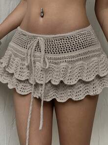 Sunnyshic Women's Vacation Style Beach Ruffle Trim Mini Knit Skirt - Khaki - View 6