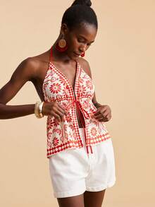 Travachic Women's Floral Print Knotted Halter Casual Vacation Tank Top,Vacation Casual Terno Outfit For Women,Summer Holiday Outfits,Spring Break Outfits,Party Outfit,Beach Outfit,Spring Clothing,Valentine's Day,Valentine Outfits For Women,Carnival Costume,Elegant,Floral,Carnival,Spring To Summer ,Party ,Carnival Costume, Mexican Style Women Boho  For Women,Red Tops - Red and White - View 6