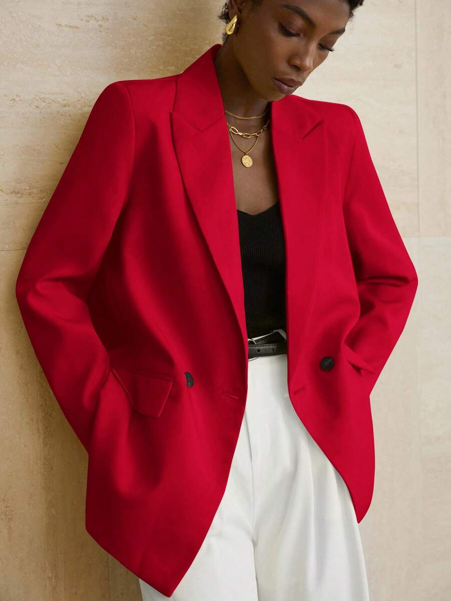Aveloria Modichic Women's Business Style Solid Color Double-Breasted Blazer Jacket For Commuting, Autumn  - Red - View 1