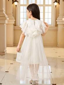 SHEIN 女童杏色网纱短袖连衣裙，3D立体花朵优雅公主裙，适合派对和节日穿着 - 杏色 - 查看 5