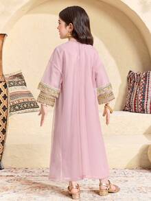 SHEIN Conjunto de 2 piezas de niña joven con abrigo de malla con contraste de cinta dorada y vestido de cuello en V - Rosa - Ver 5