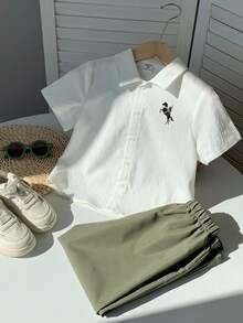 SHEIN 男童两件套：白色纹理面料衬衫和裤子，休闲假日装