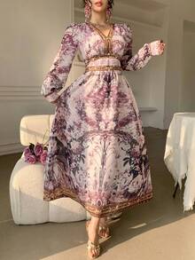 DAZY Vestido de dama de honor de manga abullonada con cuello en V y bloqueo de color floral elegante de longitud media, vestido de invitada de boda de primavera/verano - Rosa - Ver 3