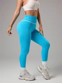 Sovereign Charm 女士高腰撞色滚边紧身运动打底裤 - 藍色 - 查看 5