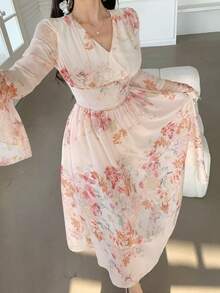 DAZY فستان أنيق للنساء بياقة على شكل حرف V وأكمام واسعة متوسط الطول، فستان ضيف حفل زفاف في الربيع/الصيف - وردي - مشاهدة 3