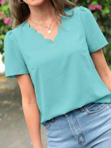 SHEIN Clasi Áo kiểu nữ màu trơn cổ chữ V tay phồng ngắn thời trang - Màu xanh bạc hà - Xem 4