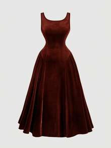 SHEIN MOD Plus Size Vintage Red Open Back Bow Tie A-Line Midi Dress, Wedding Dress, Date Dress, Valentine's Day Dress - Brown - View 2