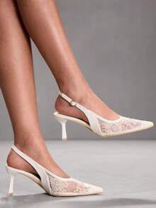 CUCCOO SZL Giày cao gót mũi nhọn dành cho nữ, trang trí dây xích kim loại, phần trên bằng lưới, lớp lót màu đỏ quyến rũ, thiết kế hở gót thanh lịch, sandal gót bất đối xứng. - Chantilly - Xem 7