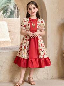 SHEIN 女童撞色印花泡泡袖休闲连衣裙 - 粉色 - 查看 8