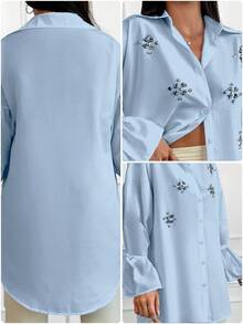 EURMUSE Cotton Pearls Beaded Knot Cuff Drop Shoulder Shirt Brunch Office Light Blue Autumn Smart Casual Elegant - Baby Blue - View 6