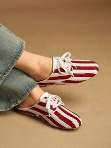 Rosivie Women's Striped Lace-Up Design Casual Slip-On Flat Mules Valentine's Day - Red - View 5