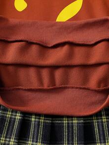 SHEIN 两件套 时尚休闲学院风女童杏色针织套头衫（带蝴蝶结印花）搭配红色格子百褶迷你裙，适合户外、旅行、街头、休闲、居家、学校、日常搭配 - 咖啡棕 - 查看 7