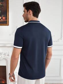 Core Aspect Men's Polo Shirt, Knitted Crochet Fabric, Men's Navy Blue Polo Shirt, Men's Contrast Color Block Polo Shirt, Outfits Husband And Boyfriend Gifts For Friends, Suitable For Daily Outings, Gathering With Friends, Or Casual Weekends, Best-Selling Versatile Item On INS Mens Golf Polo Shirt Navy Blue Polo Men Men Polo Shirts,Official  Polo,Elegant  Polo,Business  Polo  Oldmoney  Casual Polo - Blue - View 2