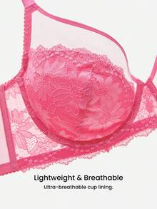 LUVLETTE Plus Soft Woman Lingerie Lounge Curve Sheer Full Coverage Support&Breathable Underwire Sexy Unlined Minimizer Lace Elegance & Mesh Pink Bra Bridal Intimates  Romantic Valentine's Day Gifts Bra - Watermelon Pink - View 8