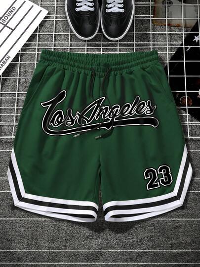 Manfinity LEGND Pantalones cortos holgados para hombre con gráfico de letras y ribete a rayas con cordón en la cintura