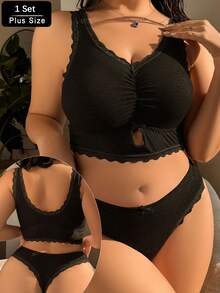 大码女士纯色褶皱舒适内衣套装 - 黑色 - 查看 4