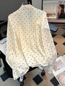 Franclia Women's New Spring/Summer Elegant And Sweet Ruffled, Heart-Shaped Tie-Front Long-Sleeved Shirt,Women's Shirts For Spring And Summer, Women's Spring Outfits With Shirts, Women's Valentine's Day Outfits With Shirts, Women's Valentine's Day Clothing (Shirts), Elegant Women's Shirts, Women's Heart-Patterned Shirts, White Women's Shirts - Beige - View 2