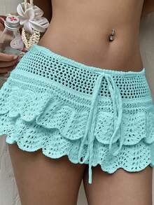 Sunnyshic Women's Vacation Style Beach Ruffle Trim Mini Knit Skirt - Mint Green - View 5