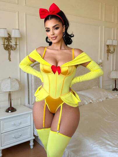 Fantasy Costume Bộ jumpsuit trễ vai thắt nơ dành cho nữ, có tay áo và tất cao đến đùi, trang phục gợi cảm cho tiệc tùng/biểu diễn/phòng ngủ.