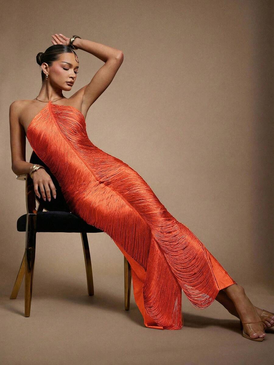 Hauture 女士流苏吊坠性感派对连衣裙，饰有金色金属装饰 - 橘色 - 查看 1