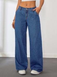 SHEIN Tall Women's Low Waist Straight Leg Blue Jeans - Dark Wash - View 5