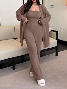 DAZY 3pcs/Set Faux Fur Robe, Camisole & Pants Women Pajama Set, Winter - Khaki - View 3