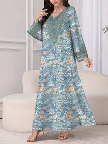 SHEIN Najma Women's Dreamy Floral & Embroidery Print V-Neck Long Sleeve Elegant Arabic Style Maxi Dress, Spring/Summer - Multicolor - View 3