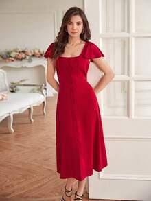 Poéselle Square Neck Butterfly Sleeve Button Front Dress - Burgundy - View 2