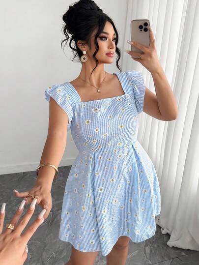 Elenzga Vestido de línea A con cuello cuadrado y mangas abullonadas con estampado de margaritas para mujer de talla grande, vestido de manga abullonada con estampado de margaritas a rayas azules retro y dulce, vestido corto de manga corta con cuello cuadrado y estampado floral pequeño para el verano, adecuado para uso diario, compras o reuniones con amigos