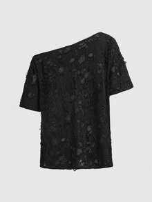 ROMWE Grunge Punk Spring/Summer Punk Dark Edgy Hollow-Out Jacquard Knit Women T-Shirt - Black - View 2