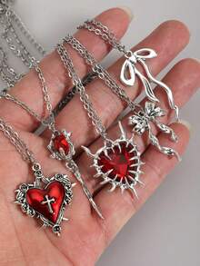 ROMWE Goth 5件套复古哥特风个性化荆棘玫瑰十字吊坠，玫瑰，荆棘爱心，蝴蝶结，时尚气质高雅甜美酷炫暗黑系新款女士项链套装，情人节礼物 - o-紅色 - 查看 2