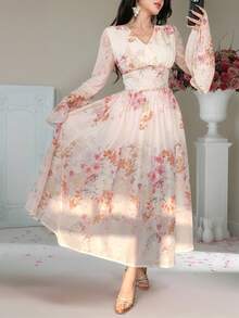 DAZY فستان أنيق للنساء بياقة على شكل حرف V وأكمام واسعة متوسط الطول، فستان ضيف حفل زفاف في الربيع/الصيف - وردي - مشاهدة 10