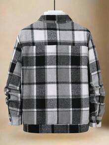 Manfinity Homme 1pc Men's Wool Blend Plaid Overcoat,Black And White Checkered Shacket,Slim Fit Casual Everyday Design,Autumn Hiking Smart Casual Jacket With Pockets - Grey - View 2