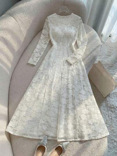 Modelyn فستان أنيق بأكمام طويلة مطرز بالدانتيل الأزهار مع سحاب للنساء