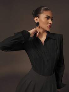 Hauture Women's Sexy Office Casual Bold Shoulder With Boning Long Sleeves Shirt Bodysuit - Black - View 4