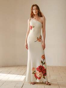 MOTF PREMIUM ELEGANT FLORAL PRINT ONE SHOULDER DRESS - Beige - View 4