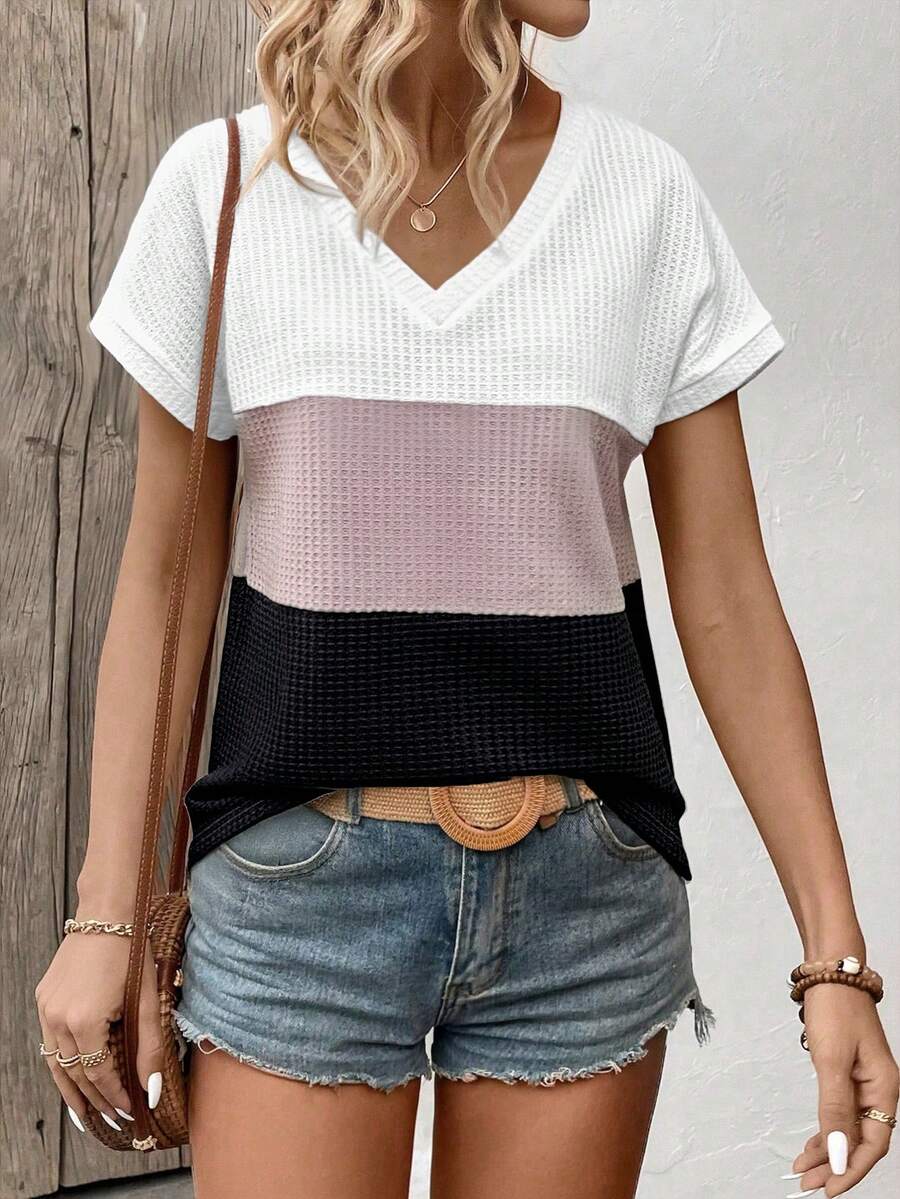 SHEIN Colorblock Short Sleeve T-Shirt, Casual Summer Holiday - Multicolor - View 1