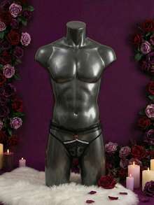 WENEZON 男士撞色蕾丝镂空性感丁字裤 - 黑色 - 查看 1