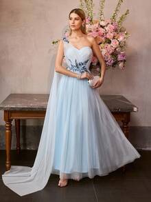 MOTF Soiréza Đầm dài nữ bằng vải lưới đính sequin và thêu hoa. - Màu xanh lam - Xem 7