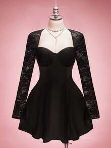 SHEIN ICON Plus Size Lace Patchwork A-Line Dress, Elegant For Dates, Parties, Birthdays, Valentine's Day Black Dress Classy Elegant,Valentine Dress