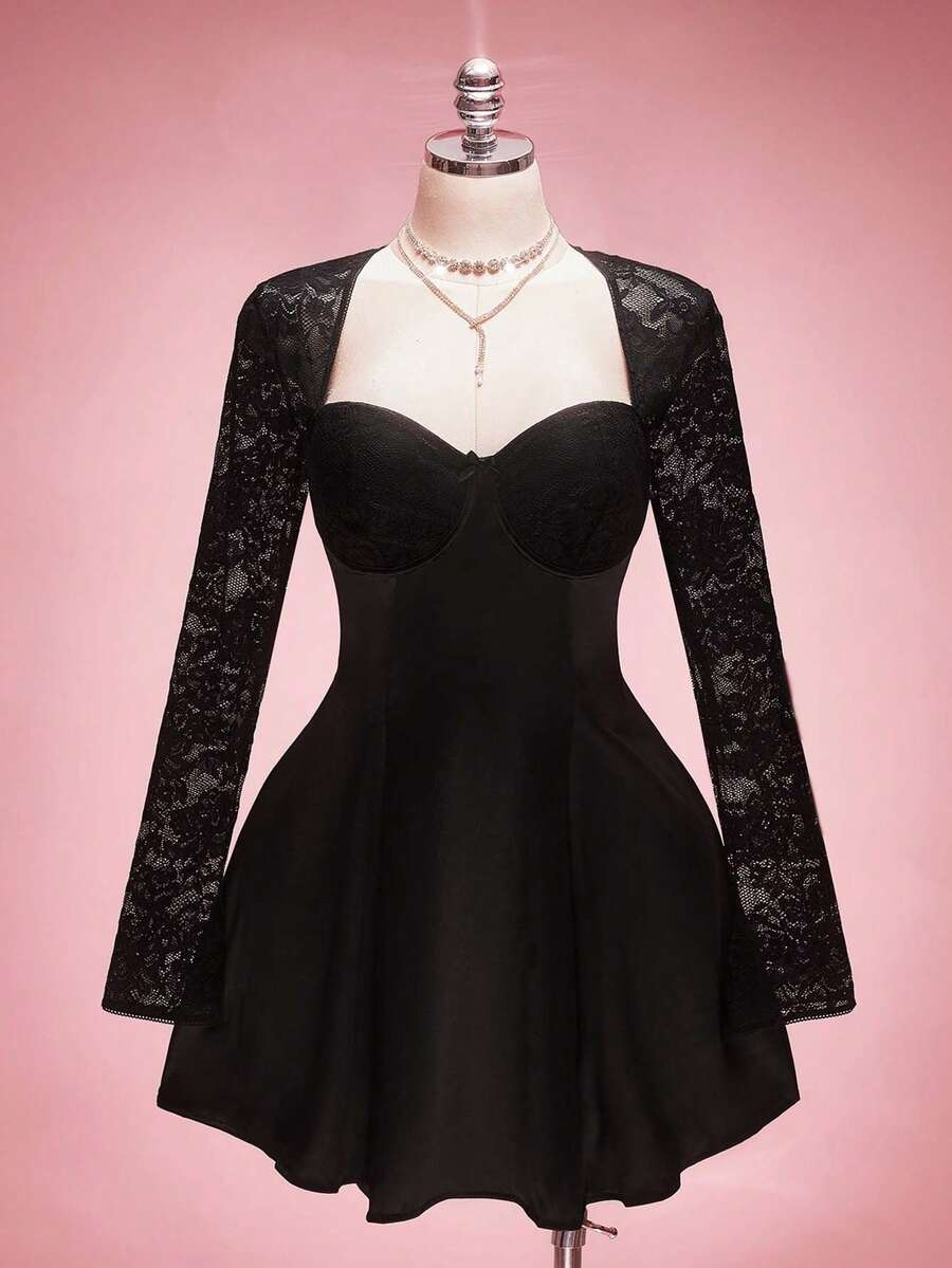 SHEIN ICON Plus Size Lace Patchwork A-Line Dress, Elegant For Dates, Parties, Birthdays, Valentine's Day Black Dress Classy Elegant,Valentine Dress